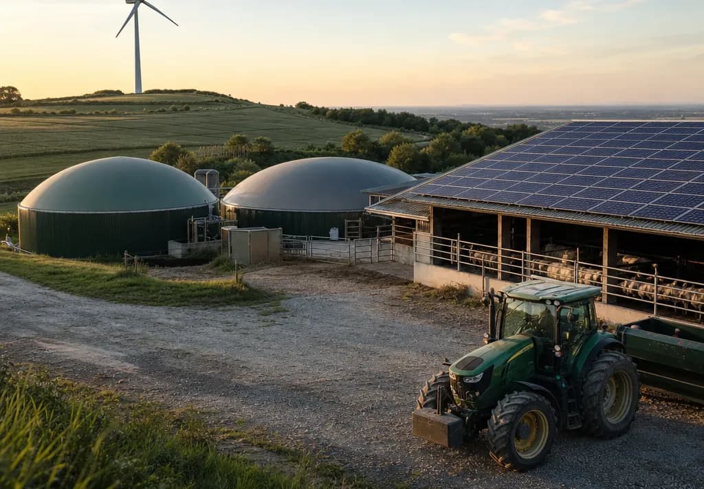 Unité de méthanisation agricole avec ses digesteurs à côté d’un hangar couvert de panneaux solaires