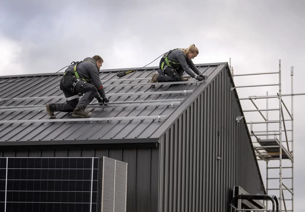 Deux poseurs fixant des rails de montage photovoltaïque sur une couverture en bacs acier