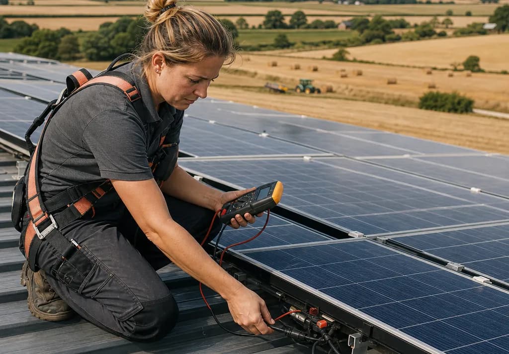 Technicien contrôlant les connexions d’une rangée de modules photovoltaïques sur la toiture d’un bâtiment agricole