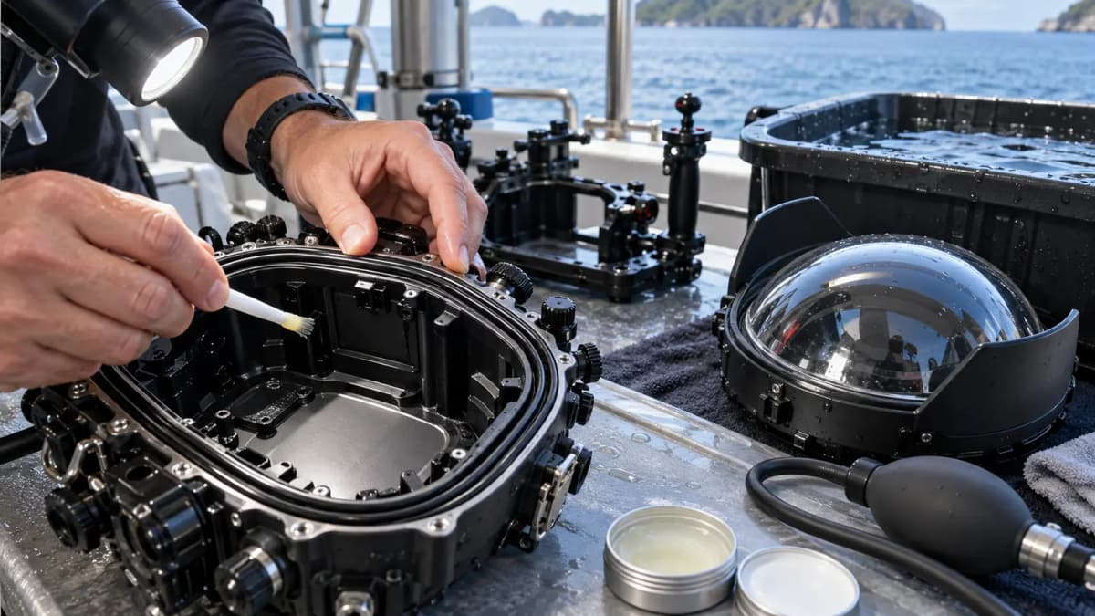 Photographe nettoyant le joint d'un caisson étanche avant une plongée