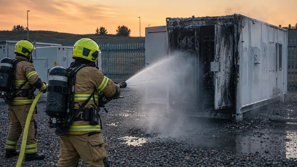 Deux pompiers arrosent un conteneur dont la paroi porte des traces d’incendie.