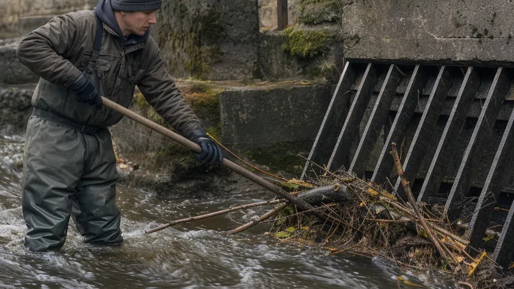 Une personne dégage des branches devant une grille au bord d’un cours d’eau.