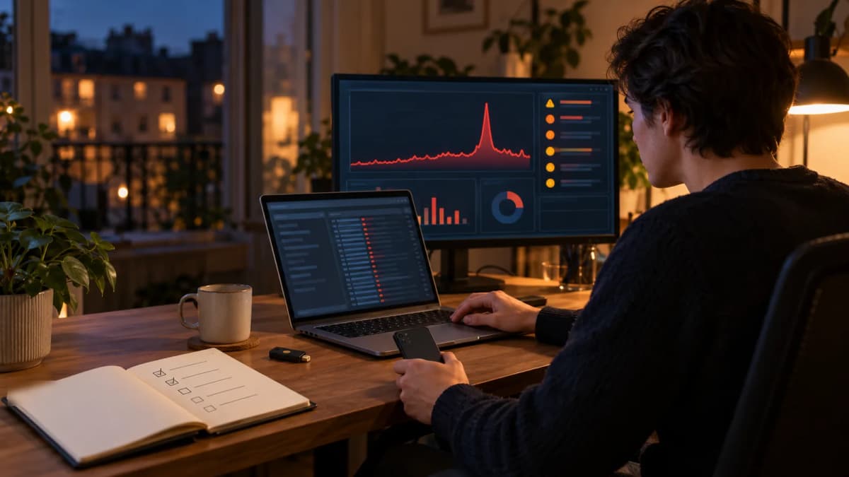 Un développeur, tard le soir dans son bureau, observe un pic anormal sur un tableau de surveillance, un carnet de vérifications ouvert à côté de lui